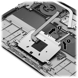 5. Remove the TouchPad button board and cable (2). Reverse this procedure to install the TouchPad button board and cable.