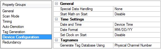 17 Device Properties Device Configuration General Special Data Handling: Specify how the driver forwards special ASCII strings to clients whenever special data is received from the device.