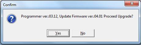 If at startup the tomprogrammer detects an earlier firmware of the programmer (ex. version 3.12), a notification window will propose a firmware upgrade to the current version.