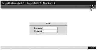 The modem login screen appears. Fill out the login name and the corresponding password. The standard login is sweex and the corresponding password is mysweex.