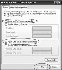 Select the options Obtain an IP address automatically (Obtain an IP address automatically) and Obtain DNS server address automatically (Obtain DNS server address automatically).