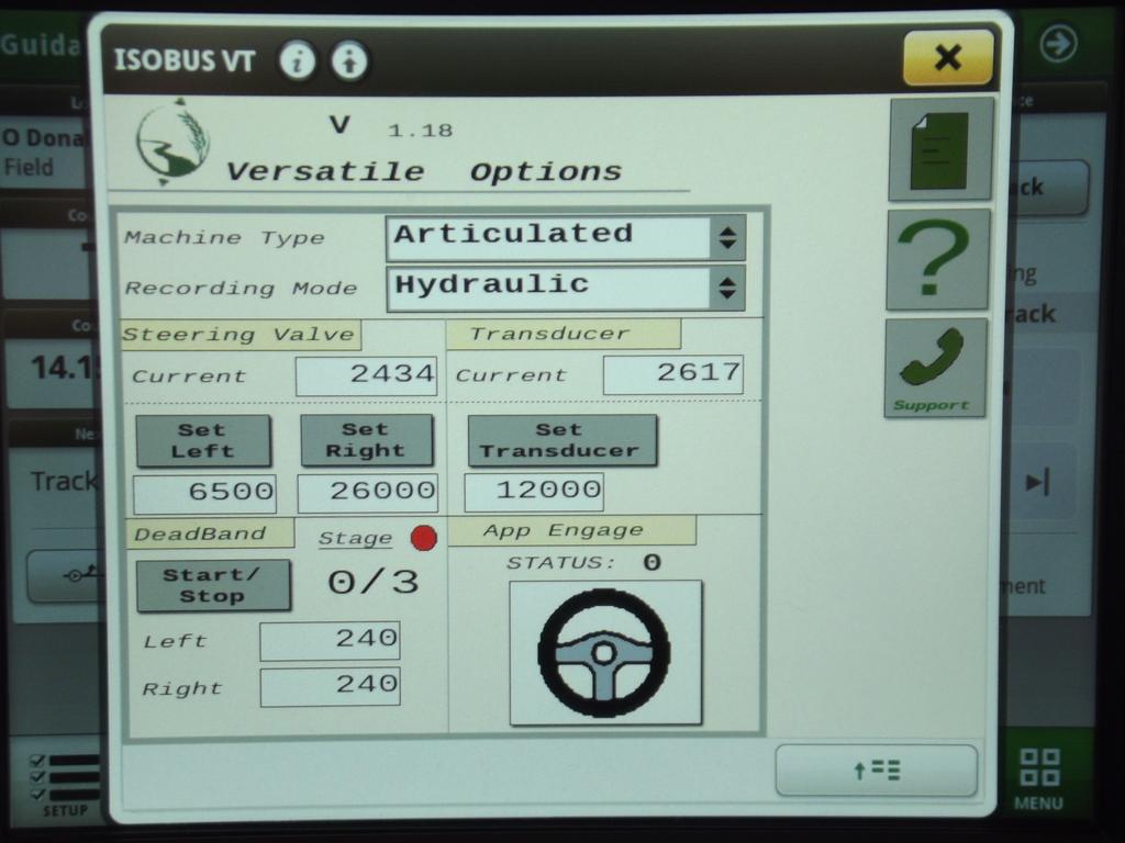 Calibration of the Versatile JD Bridge ISOApp Section Steering Valve: Allows the user to set the left and right max of the Versatile machine.
