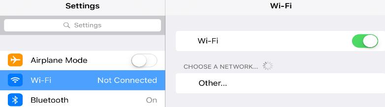 If ipad does not have Wi-Fi turned on, select the Settings tab then select the Wi-Fi tab (below).. Turn Wi-Fi on by sliding button to the right. *Green bar indicates ON.