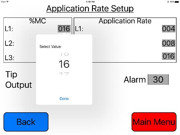 Once selected the SETUP APPLICATION RATE screen will be shown. (Top right picture). Press any of the grey number values to the right of %MC to adjust their figures.