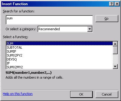 Select the SUM function and click OK. A dialog box is displayed, where you are prompted to fill in the values for the function.