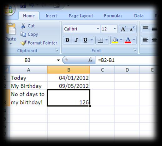 Calculating the difference between two dates In the following example the date in cell B1 has been subtracted from the date in cell B2.