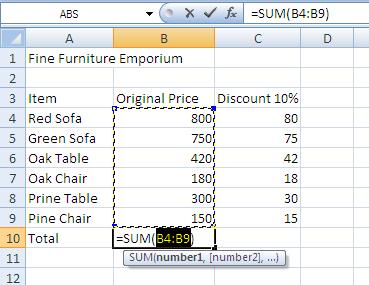AutoSum The AutoSum feature allows you to add all numbers in a contiguous row or column. To use AutoSum: 1. Click a cell below the column of numbers or to the right of the row of numbers. 2.