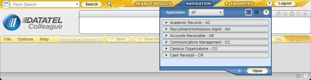 The Navigation Tab Another way to choose your form is to click on the Navigation tab on the top menu bar. The Navigation panel provides the traditional, familiar Colleague menu structure.