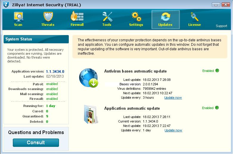 Databases and program modules updates The effectiveness of antivirus product depends on how regularly virus database is updated.