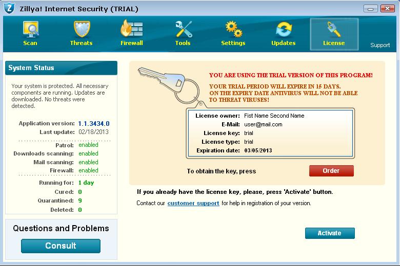 Zillya Internet Security registration This is how unregistered program window looks
