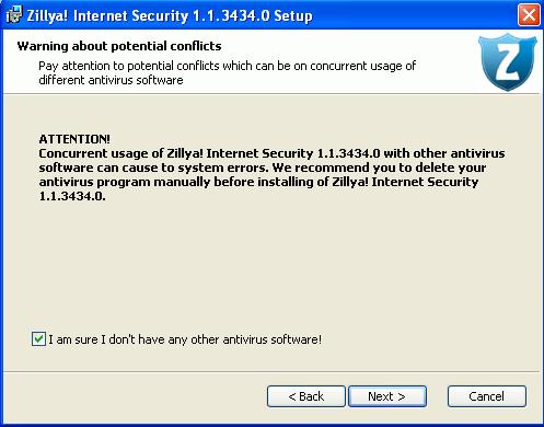 When installing Zillya Internet Security you should pay attention to some important notes: Before installing Zillya Internet Security the Installation Wizard emphasizes that the presence of other