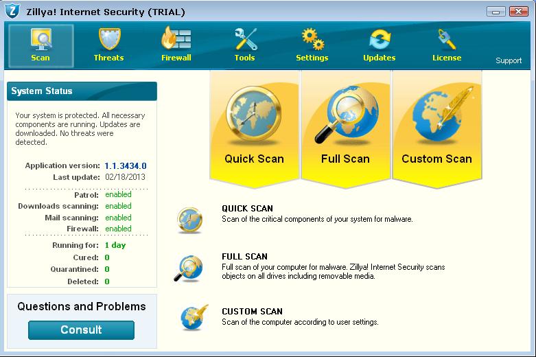 System Scanning Zillya Internet Security has three scan modes which are available in main window: Quick, Full and Custom Scan. Each set is provided with certain parameters of the mode.