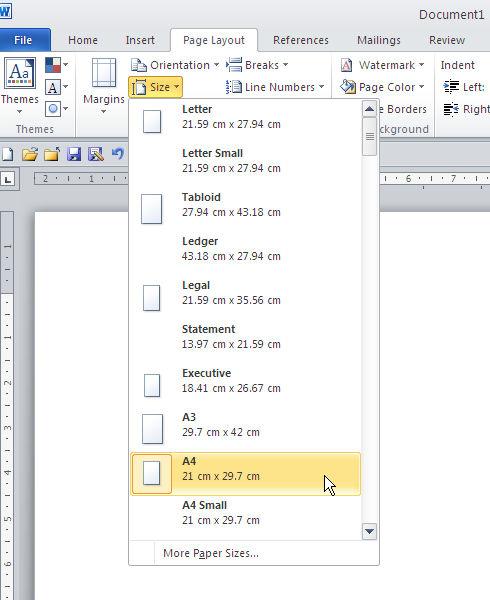 7 cm) paper which is the default page size in Word. If you are not using A4, you can use the Size option in the Page Setup group of the Page Layout tab to change the Size setting.
