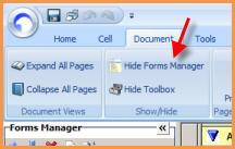 Show/Hide - Use these buttons to show or hide the Toolbox and Forms Manager windows. They work like a toggle; click once for Hide, again for Show.
