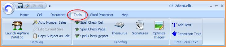 TOOLS TAB Button groups in the Tools tab include: DataLog Proofing Free Form Text DataLog - The largest button in this group launches the DataLog; there is no need to "jump" in and out of ClickFORMS