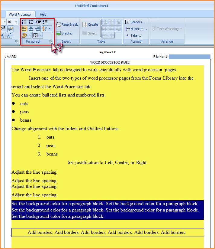 This is a sample word processor page with a variety of options displayed.
