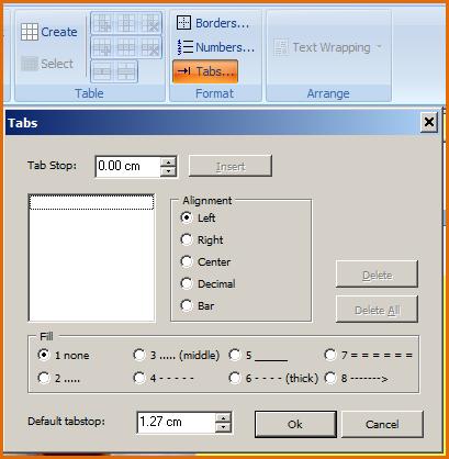 The Tabs button opens a window complete with specific settings for fill, tab stops,