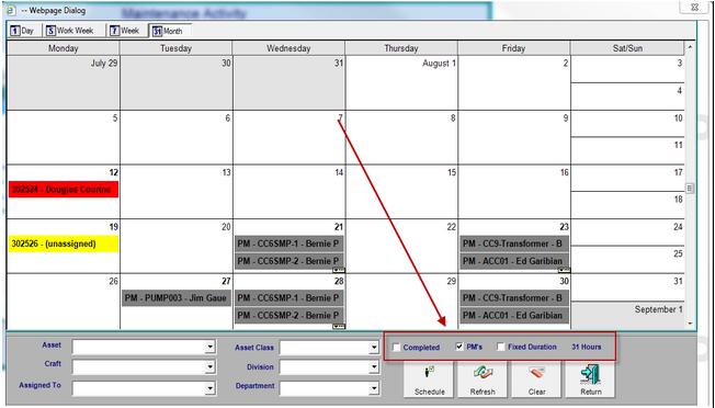 Clicking the Clear button removes the chosen criteria and displays an unfiltered view. The filter area also contains checkboxes that limit the type of work orders visible on the calendar. i.