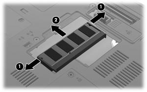 b. Grasp the edge of the memory module (2), and gently pull the module out of the memory module slot. To protect a memory module after removal, place it in an electrostatic-safe container. 10.