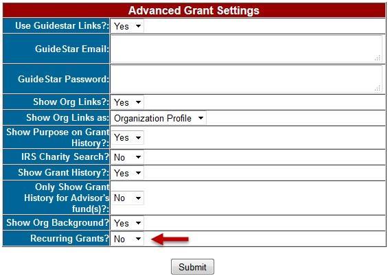 Recurring Grants This section lists current recurring grants for the fund selected. Recurring Grants The recurring grants feature allows the donor to setup a recurring grant suggestion.