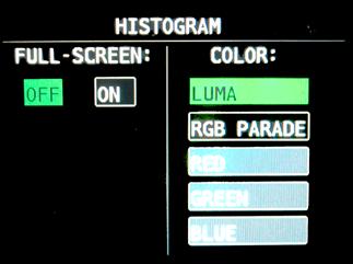 It can be set for overall brightness (Luma), with the three color channels separated (RGB Parade), or as the individual color channels only (Red, Green, or Blue).