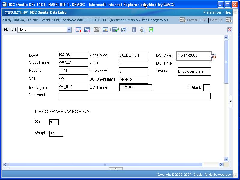 Patient Data Entry WORKING WITH ecrfs 1. To open and complete any ecrf, click the icon in the appropriate ecrf name column. The ecrf opens in a new window. An example of an ecrf is show below: 2.