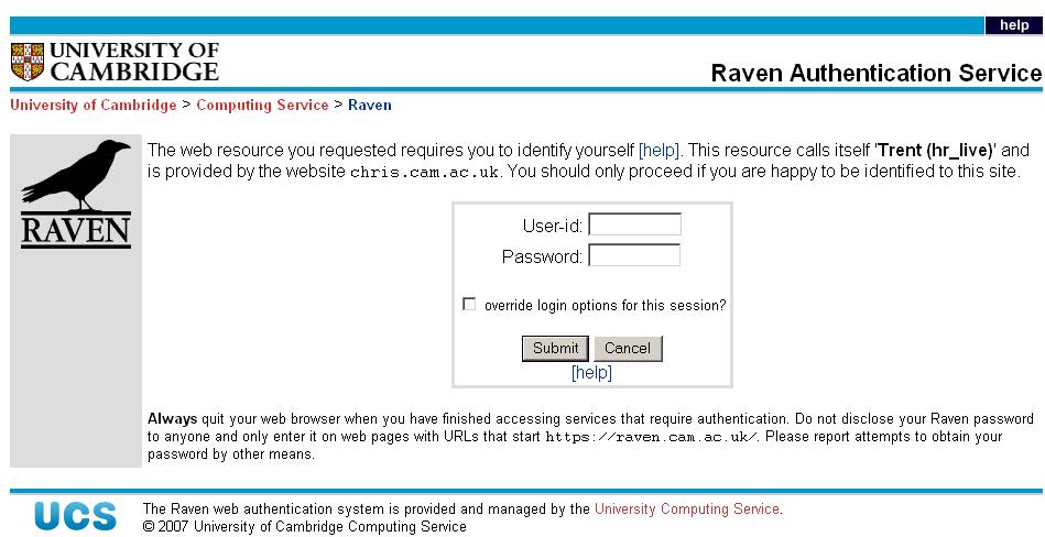 The Raven Login screen will be displayed, as shown below.