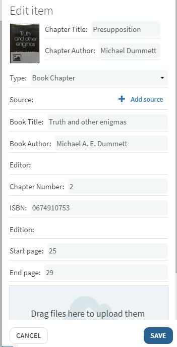 Add a book chapter: Search for and add the book (physical or electronic) to the list as before.