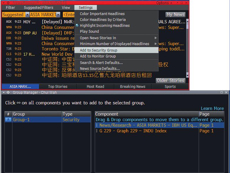 Your Monitor, Single Security chart and News Panel are now linked. When you click on different securities on the monitor, your chart and news panels will change accordingly.