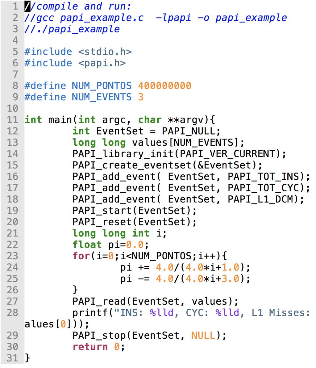Using PAPI perf only profiles the whole program execution PAPI can read hardware counter of a specific part of a