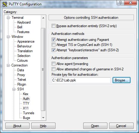 Launch Putty, then expand the SSH node and select the Auth sub-node. Enter Lab.