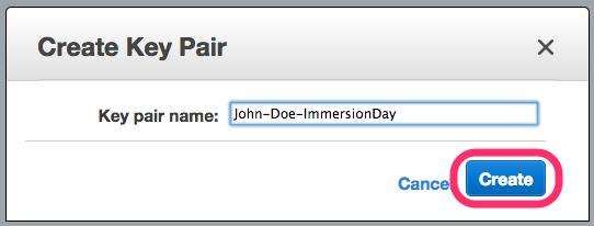 6. The page will download the file [Your-Name]-ImmersionDay.pem to the local drive. Follow the browser instructions to save the file to the default download location. 7.