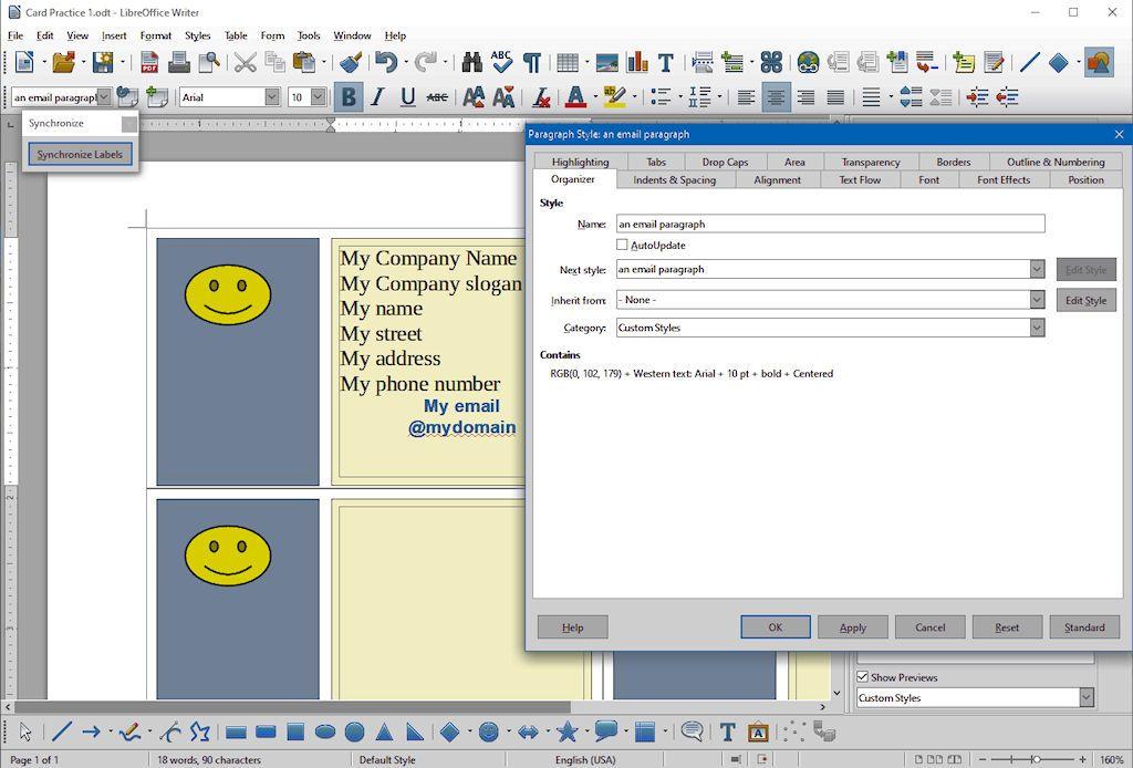 Creating Business Cards with LibreOffice Select the Paragraph Style, Alignment tab and set the Options to Center. Select the Paragraph Style, Font tab.