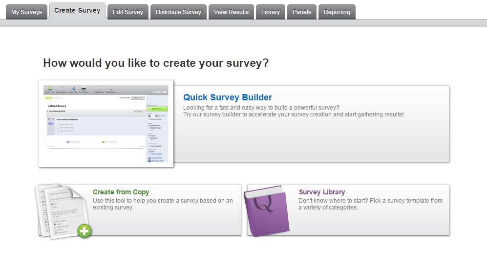 It will direct to the Create Survey page, showing that there are three ways to create a survey, including