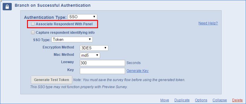 5. Uncheck the Associate Respondent With Panel checkbox. 6. Select Use Brand Settings as the SSO Type.