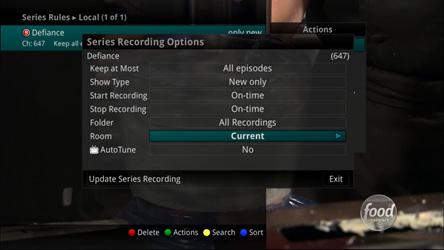 The Series Recording options will display. - Use the LEFT/RIGHT ARROW buttons to choose how many episodes to Keep at Most any given time. - Choose the Show Type you wish to record.