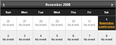 Events > Event calendar Displays in calendar scheduled events. Content Path: Path of the documents to be displayed. Day field: Date field name from which is the date of event obtained.