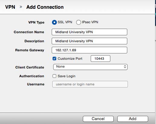 3.) Enter the following information: VPN Type: SSL VPN Connection Name: Midland University VPN Description: Midland