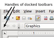 Figure 3: Moving a docked toolbar Figure 4: Moving a floating toolbar Floating toolbars LibreOffice includes several additional context-sensitive toolbars, whose defaults appear as floating toolbars