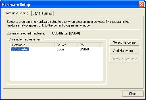 3. Using the Intel FPGA Download Cable Figure 4. Hardware Setup Dialog Box The Hardware Settings tab of the Hardware Setup dialog box is displayed. 4. From the Currently selected hardware drop-down list, select USB-Blaster [USB-0].