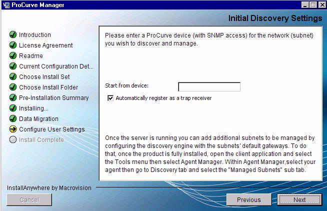 Figure 12. PCM Installation, Initial Discovery Settings 4.