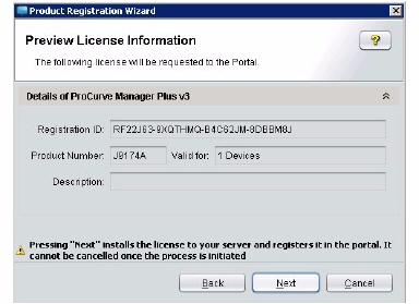 Figure 28. Registration Wizard, Preview License Information a. Ensure the requested license information is correct. b. Optionally, add a description to help identify the license. c. Click Next.