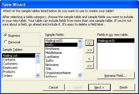 PAGE 11 - ECDL MODULE 5 (OFFICE XP) - WORKBOOK Ensure that Mailing List is selected from the Sample Tables list in the bottom left of the Table Wizard window.
