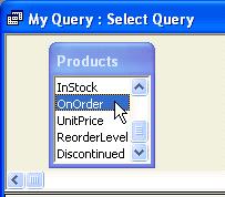 Click the mouse button to select the field column. Press the Delete key to delete the field from the query. Delete the field called ReorderLevel from the query in the same manor.