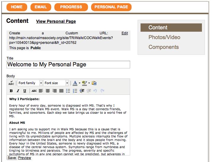 Personal Page Your Personal Page is a unique web page asking friends and family to join your team or support you by making a donation.