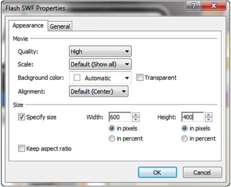 Customize the Appearance of the Flash Movie Cont. From the Flash SWF Properties dialog, you can make changes to many different settings.