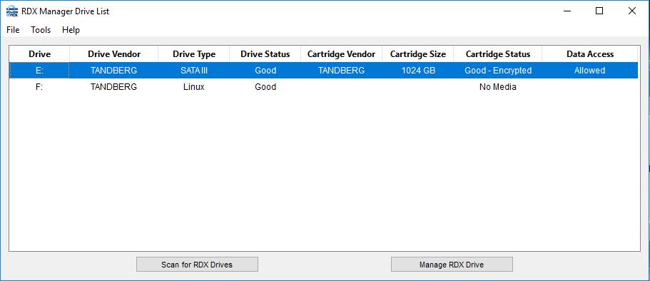 A quick check of the RDX Manager Drive List should also show the drive available. The virtual machine needs now to be restarted to have the SATA controller recognized.