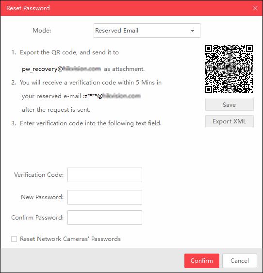 Figure 2-11 Reset Password by Sending Email 4. Click Save or Export XML to download the QR code picture or XML file to local PC and then send it to the specified Email address.