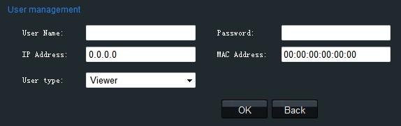 2.1.27. It is allowed to modify the user name, password, IP address, MAC address, and then select user type. Finally, click OK to finish the user modification.