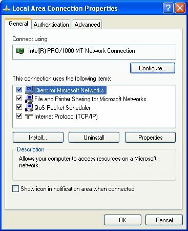 7. Right click the Local Area Connection Ethernet card icon and click